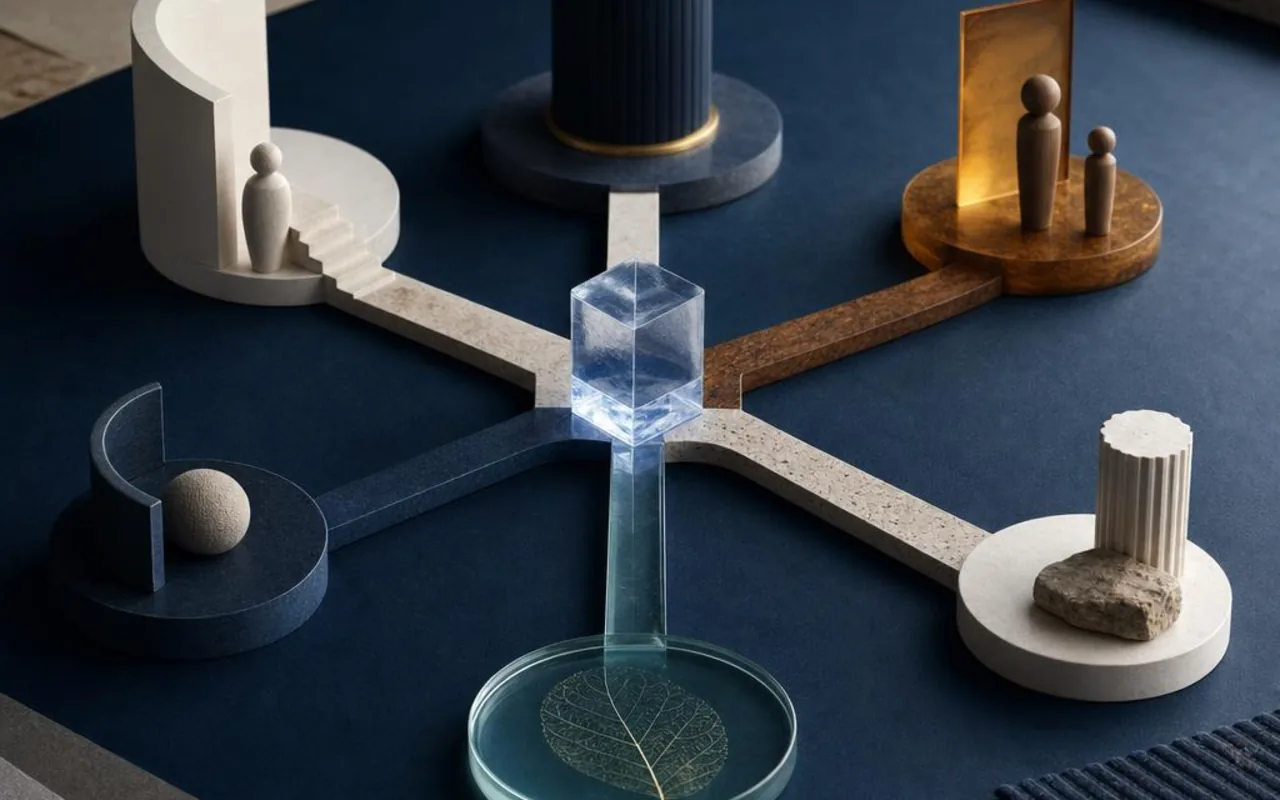 Six physical pathways branching from a central glass prism on a strategy table.