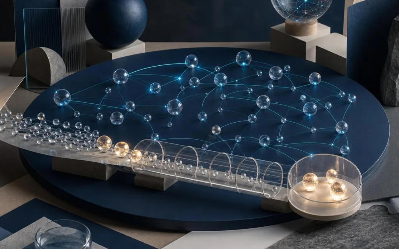 Abstract global network of glass spheres and pathways representing ideas moving through an innovation pipeline.