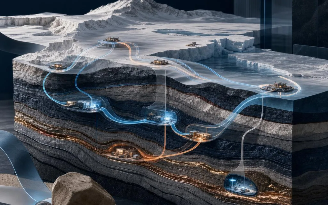 Layered Arctic terrain cross-section with connected pathways representing value across specialist mining functions.